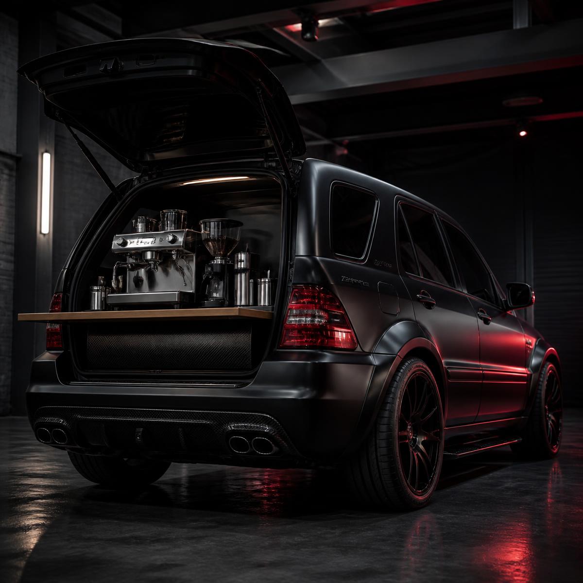 The Fuel Coffee Haus ML55 AMG mobile espresso rig in an industrial garage